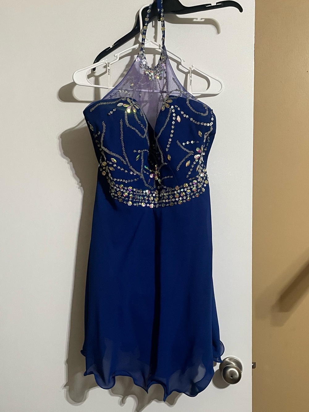 Girls' Royal Blue Halter Chiffon Party Dress with Beaded Bodice